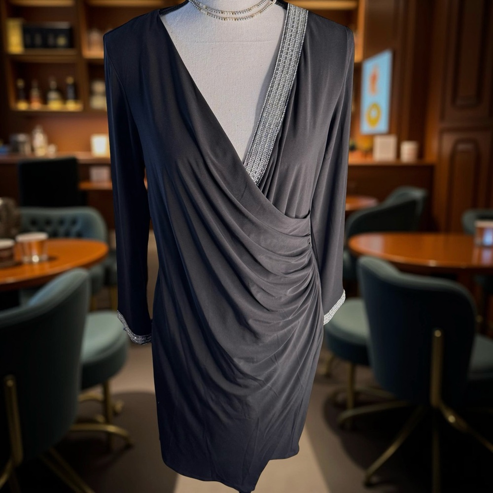 MSK Black,rhinestone Embellished,Long Sleeve Evening Dress,ruching,beautiful ❤️